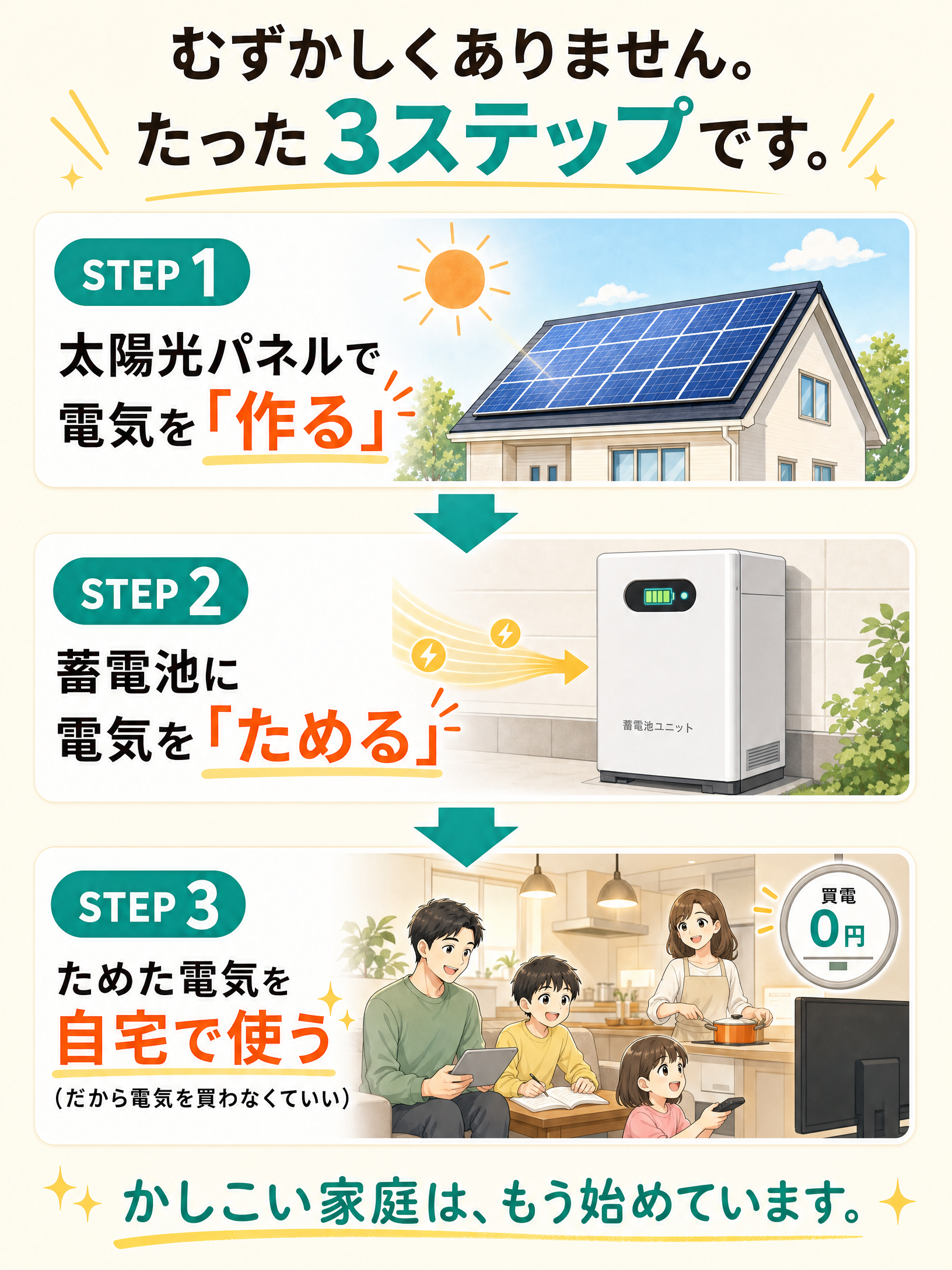 むずかしくありません。たった3ステップ。STEP1:太陽光パネルで電気を作る。STEP2:蓄電池に電気をためる。STEP3:ためた電気を自宅で使う