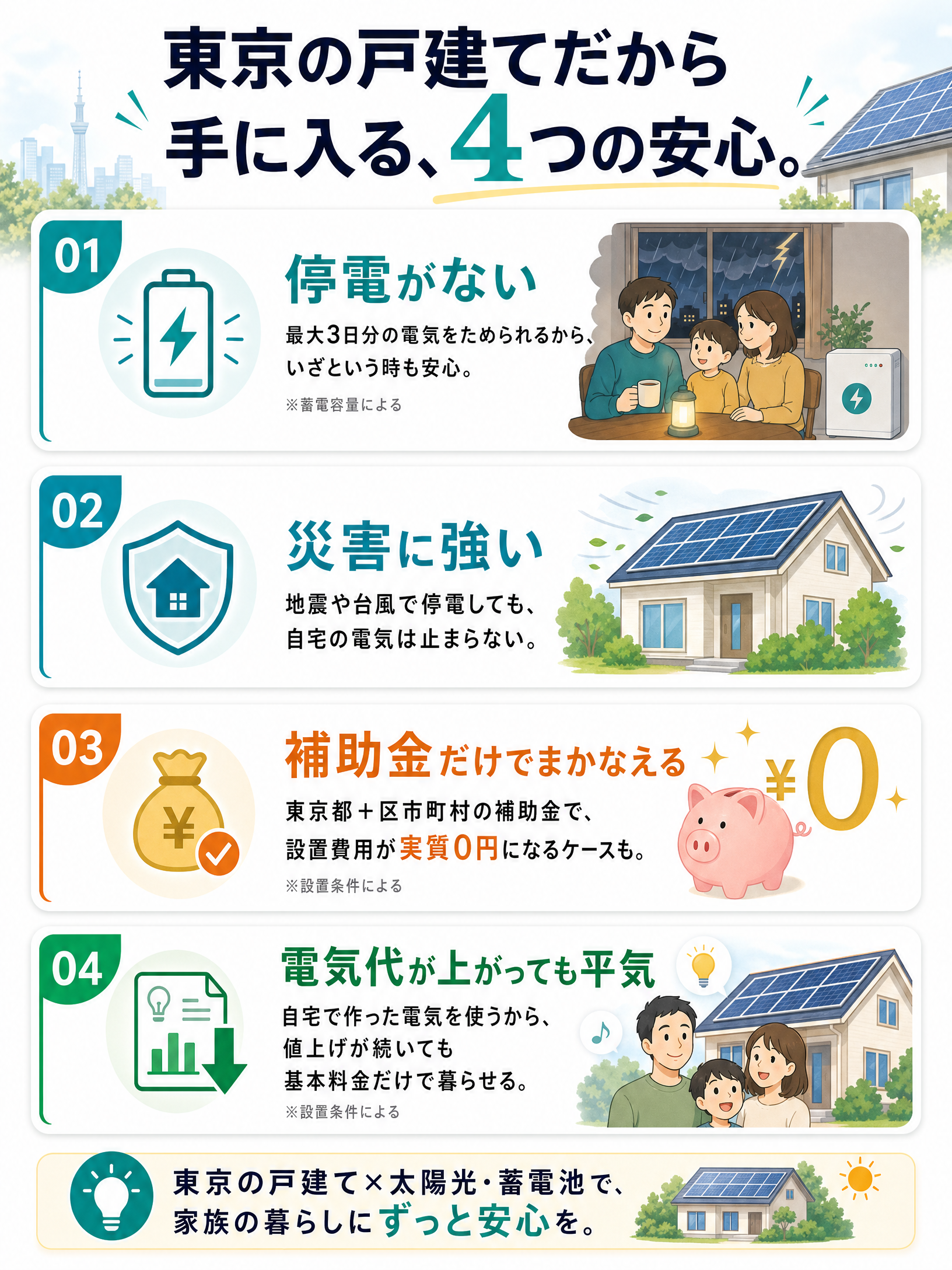 東京の戸建てだから手に入る、4つの安心。01:停電がない。02:災害に強い。03:補助金だけでまかなえる。04:電気代が上がっても平気