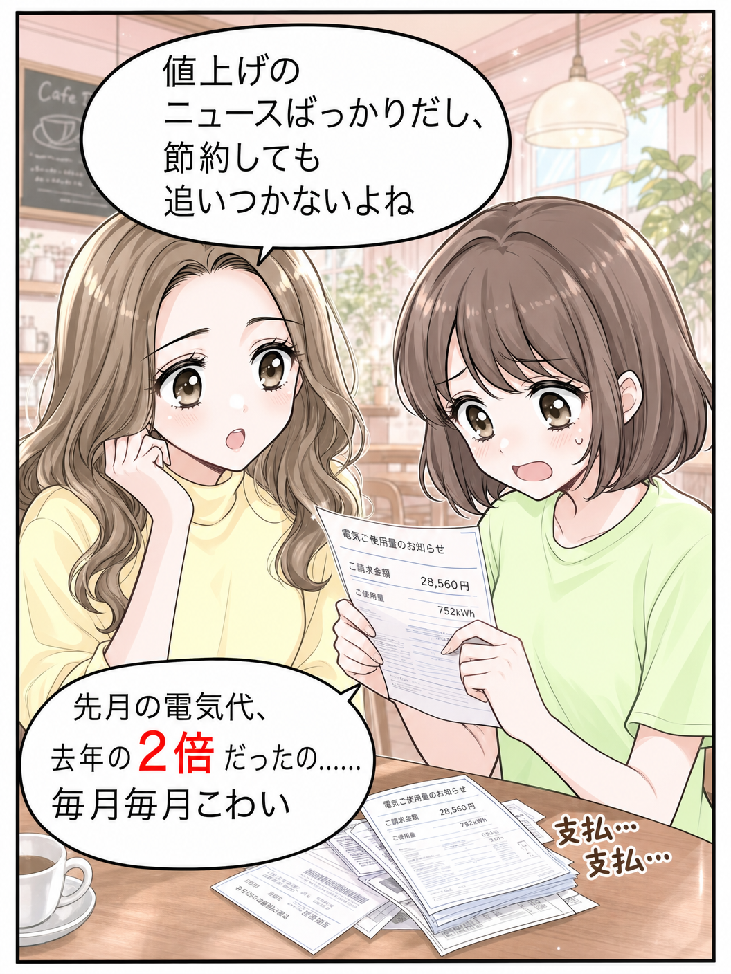 漫画②：電気代の悩みを語り合うユカとマイ。去年の2倍の請求書